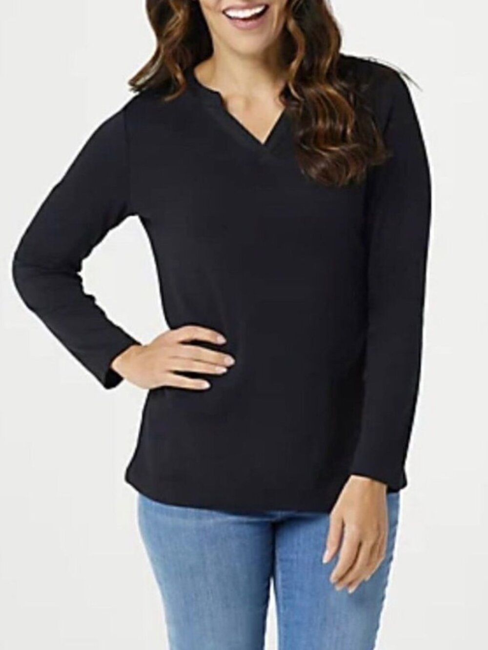 Denim & Co. Split V-Neck Long Sleeve Top